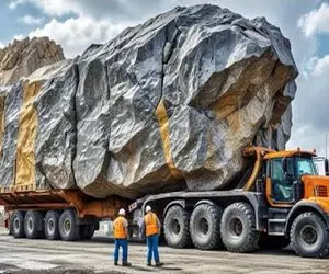 جابه‌جایی‌های جانکاه؛ کامیون موقع حمل سنگ 200 تنی تو جاده نصف میشه چپ میکنه