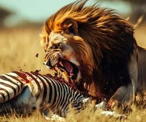 شاهکار حیات وحش؛ شیر سفاک با یه دورخیز شرورانه شکم الاغ راه راه پاره کرد بلعید