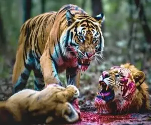 بدایع حیات وحش؛ ببر سفاک خرخره شیرها پاره کرد حمام خون راه افتاد