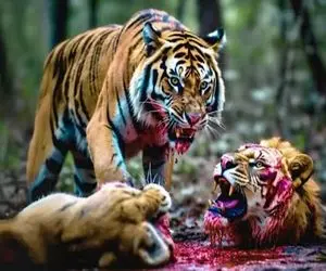 بدایع حیات وحش؛ ببر سفاک خرخره شیرها پاره کرد حمام خون راه افتاد