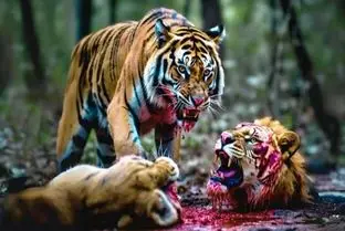 بدایع حیات وحش؛ ببر سفاک خرخره شیرها پاره کرد حمام خون راه افتاد
