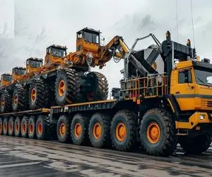 جابه جایی سهمگین؛ کامیون که انتهاش معلوم نیست بیل مکانیکی غول و گذاشته رو کولش میره