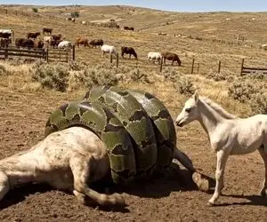 حیات وحش مصنوعی؛ اسب دلیر برای نجات جان مادرش از چنگ پیتون غول کمک آور