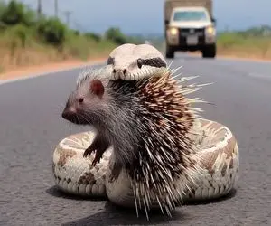 جذابیت حیات وحش؛ ماشین شد کارمای جوجه تیغی از رو مار رد شد