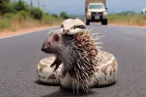 جذابیت حیات وحش؛ ماشین شد کارمای جوجه تیغی از رو مار رد شد