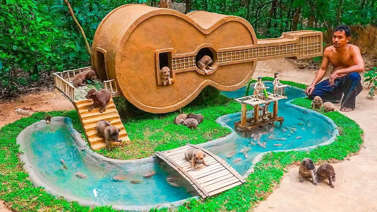 معماری خلاقانه؛ آقاهه با خاک واسه سگ هاش یه کلبه لاکچری ساخته شکل گیتار