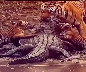 مستند حیات وحش؛ کروکودیل به بچه های ببر چپ نگاه کرد فاتحه ش خوندس جوری چپ و راستش کرد