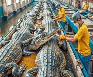 فرآوری تمساح؛ تخم کروکودیل کاشت تو لجن غول تشن شد برد برای سلاخی و استیک شدن