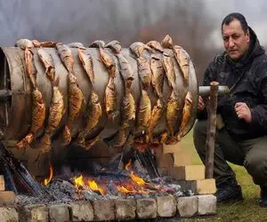 غذای باحال؛ ماهی دودی هارو زنجیره ای به هم وصل کرد پیچید دور بشکه رو آتیش کبابی شه