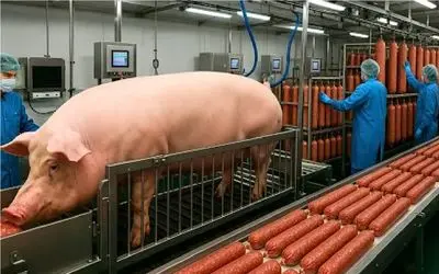 فرآوری خوک؛ خوک لجن زیست قلمبه رو چرخ و بهش پنیر تزریق میکنن بشه پپرونی ناب