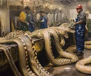 فرآوری مار؛ پیتون غول کردن بره زیر چرخ صنعت گوشتش غذا، زهرش دارو، پوستش کالاشه