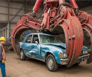 ابزارآلات غول پیکر؛ برای تسریع شدن اسقاط فلزخُردکن چنگکی آوردن ماشینارو مچاله کنن