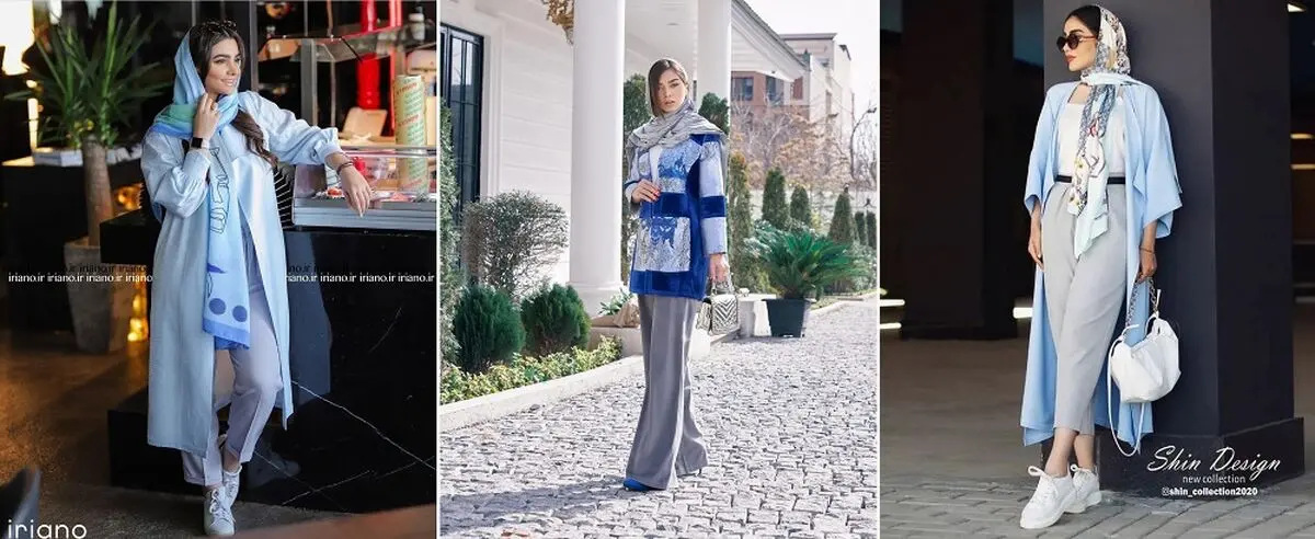 مانتوی آبی با شلوار طوسی